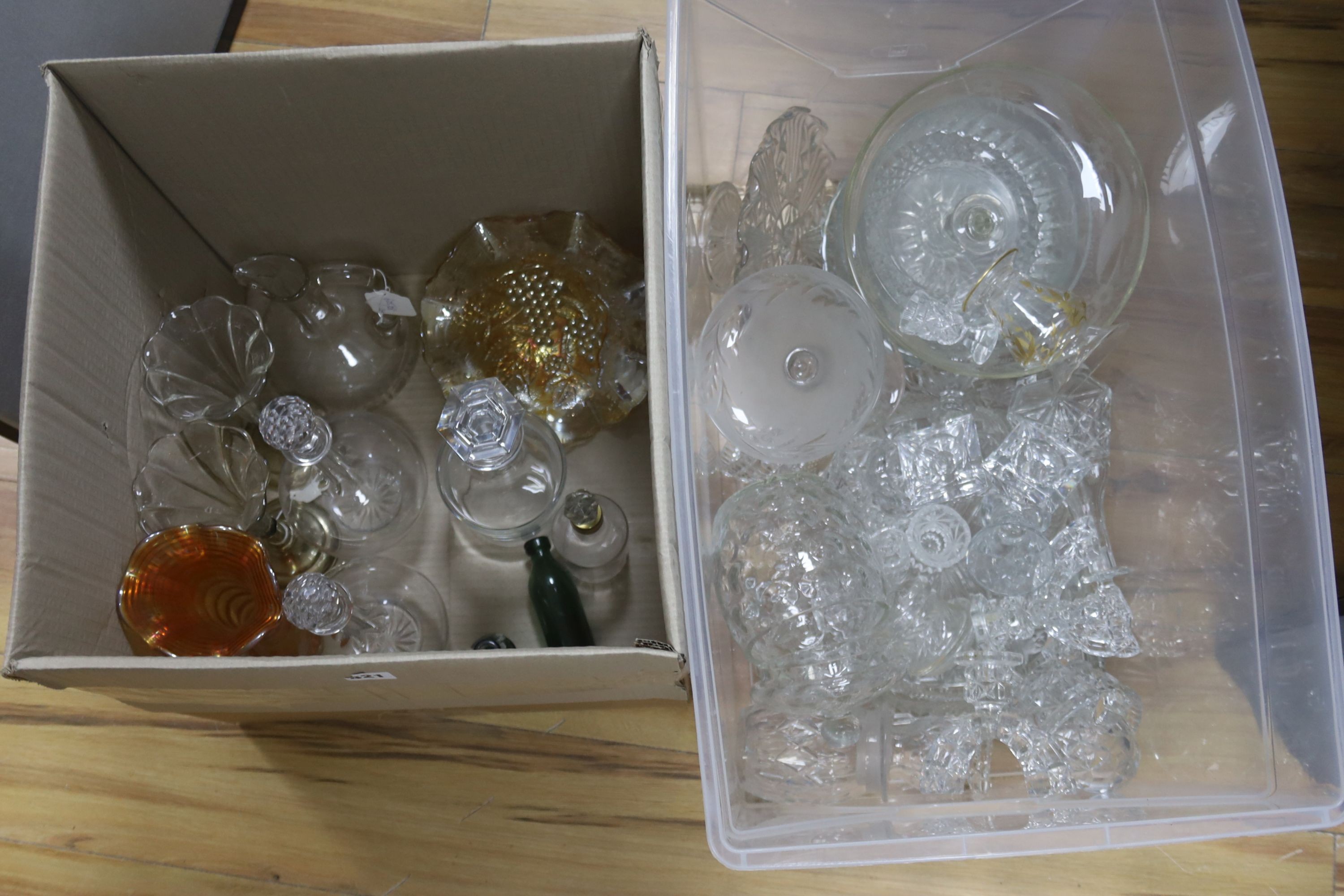 A collection of mixed glassware, to include specimen vases, dressing table set, decanters, etc.